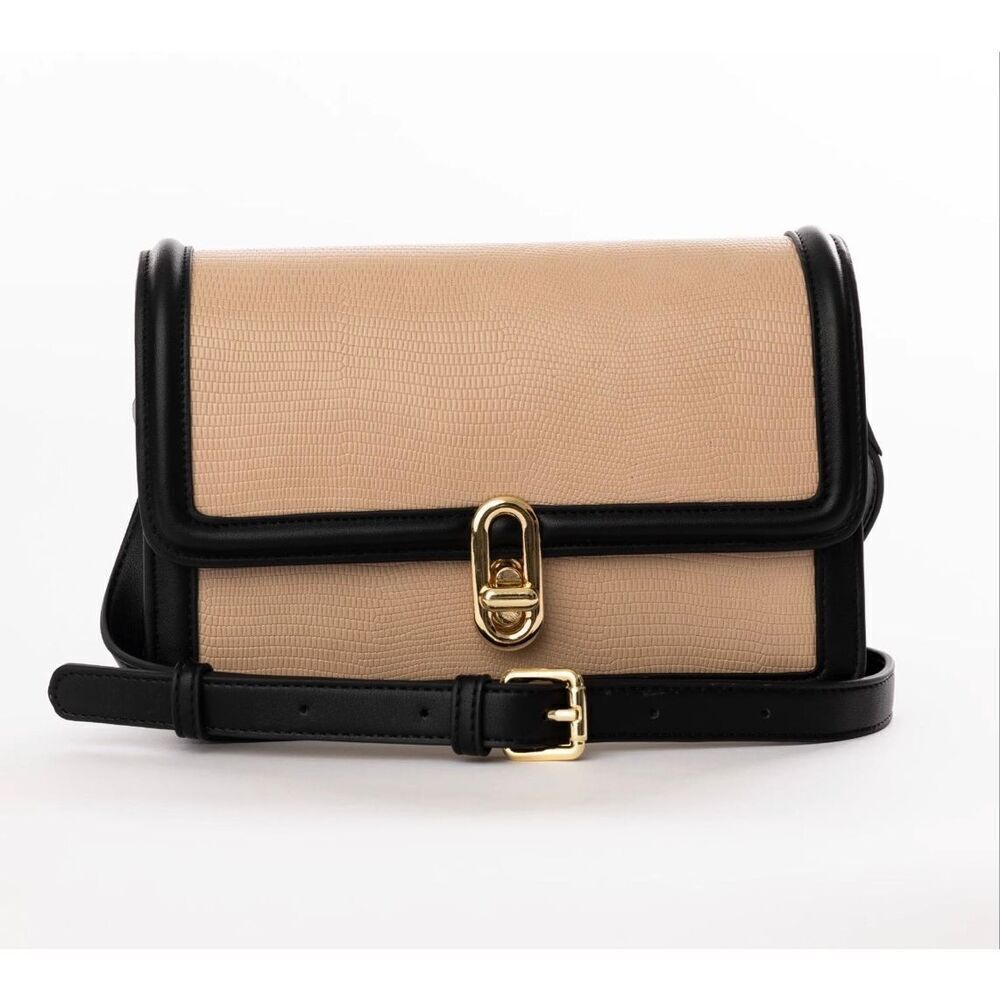 Jules Kae Beige Black Lizard Embossed Vegan Leather Mia Crossbody Satchel Bag